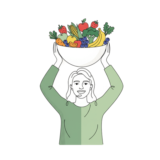 Illustrazione di frutta e verdura fresca che rappresentano un'alimentazione sana ed equilibrata per il benessere quotidiano