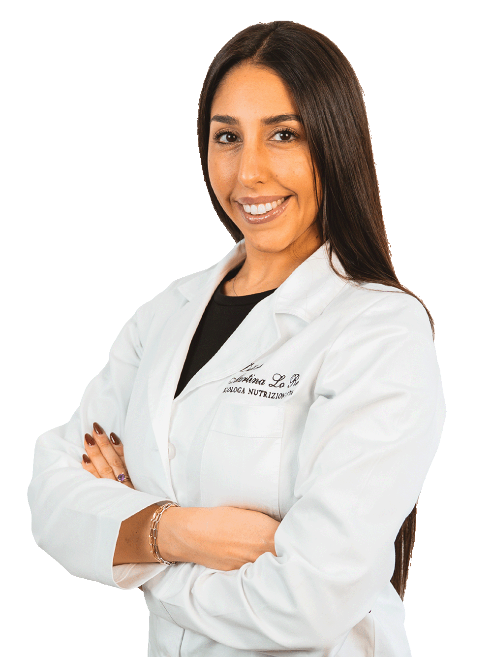 Dott.ssa Martina Lo Re, biologa nutrizionista, sorridente con camice bianco e stetoscopio, pronta ad aiutarti nel tuo percorso nutrizionale personalizzato